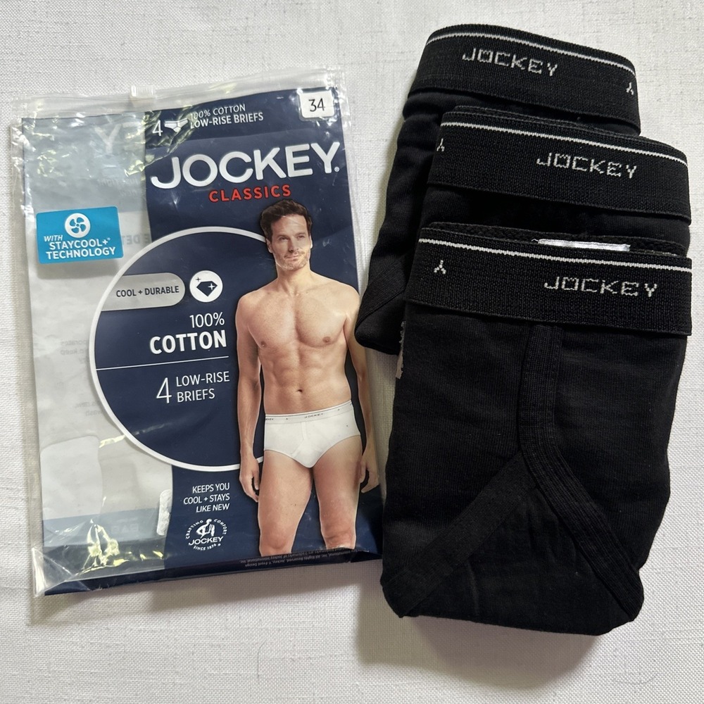 Men's 3 Pairs Jockey Classic Collection Low-Rise Briefs Black NIP 100% Cotton 34